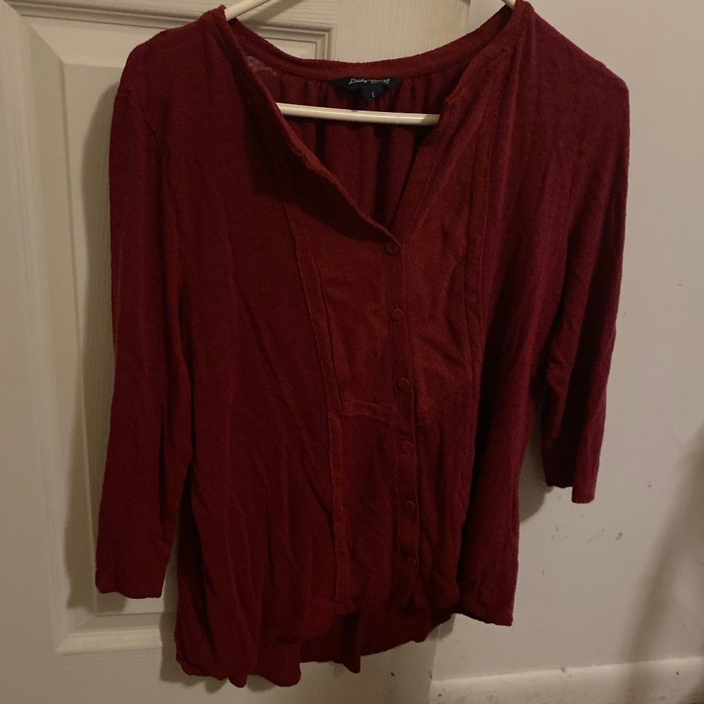 Lucky Brand Red Linen Blend Long Sleeve Button Down Shirt Women Sz L